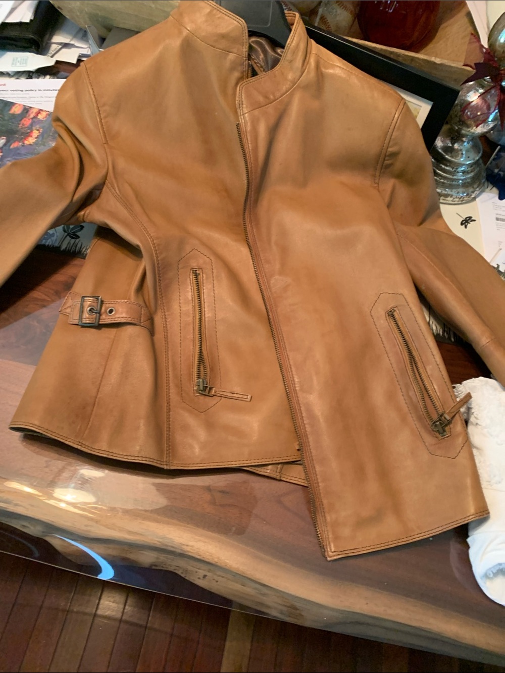 Women's Cognac Leather Jacket with Zip Pockets